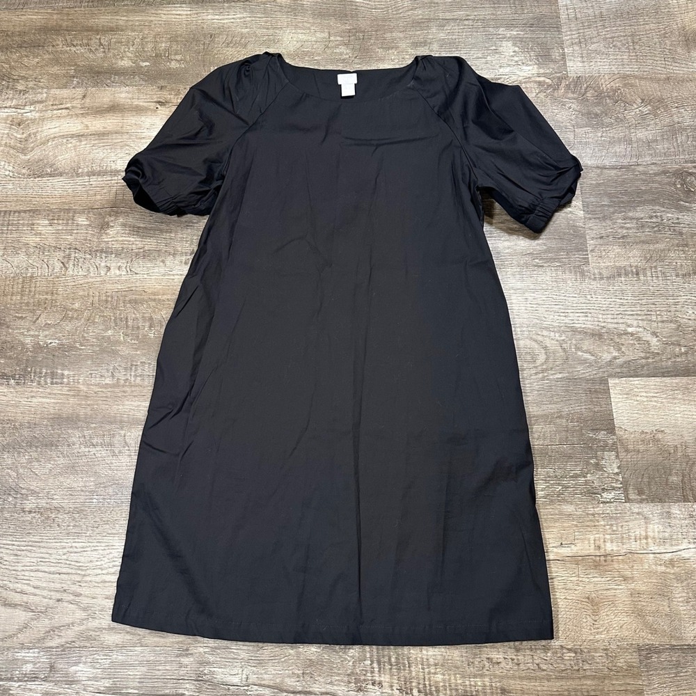 Chicos Black Puff Sleeve Shift Dress Boat‎ Neck Short Sleeve Size 2 Large 12/14